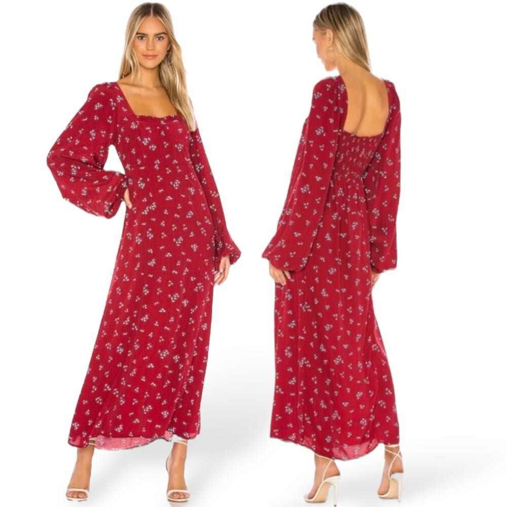 FREE PEOPLE Red Midi IRIS Dress Smocked Square Neck Puff Sleeve Cottagecore S